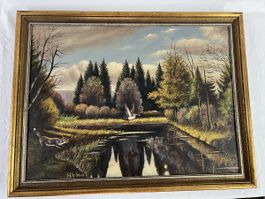 Gemälde Landschaft mit Jagdszene H. Weber guter Zustand
