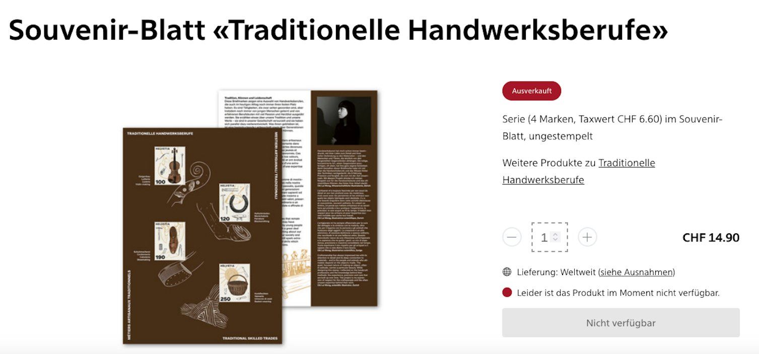 Alle Briefmarken: souvenirblatt "traditionelle handwerksberufe" ** – Neu (gemäss Beschreibung) aus Zürich von var_gmw9 4