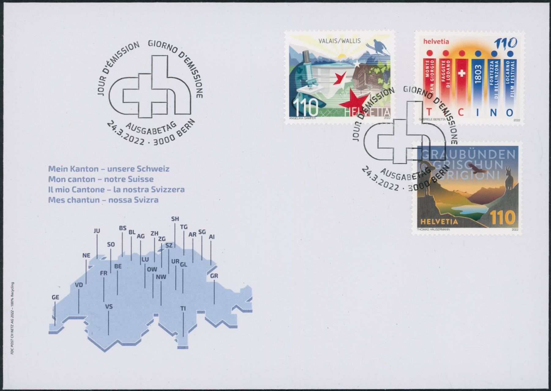 Tutti i francobolli: 2022 - Kanton - Schweiz - Ersttagsbrief FDC ET – Usato da Schindellegi venduto da leecollect 6
