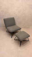 Eleganter Design Sessel Grau mit Metallgestell und Ottoman
