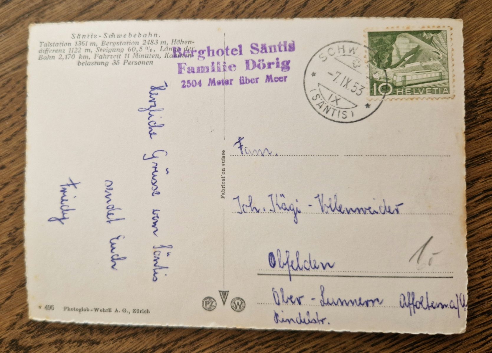 Cartoline postali: Schwebebahn Säntis, Stempel Berghotel 1953 – Usato da Ebikon venduto da Donar50 2