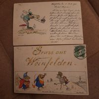 2 nostalgische Karten, hübsch colorierte Zeichnungen