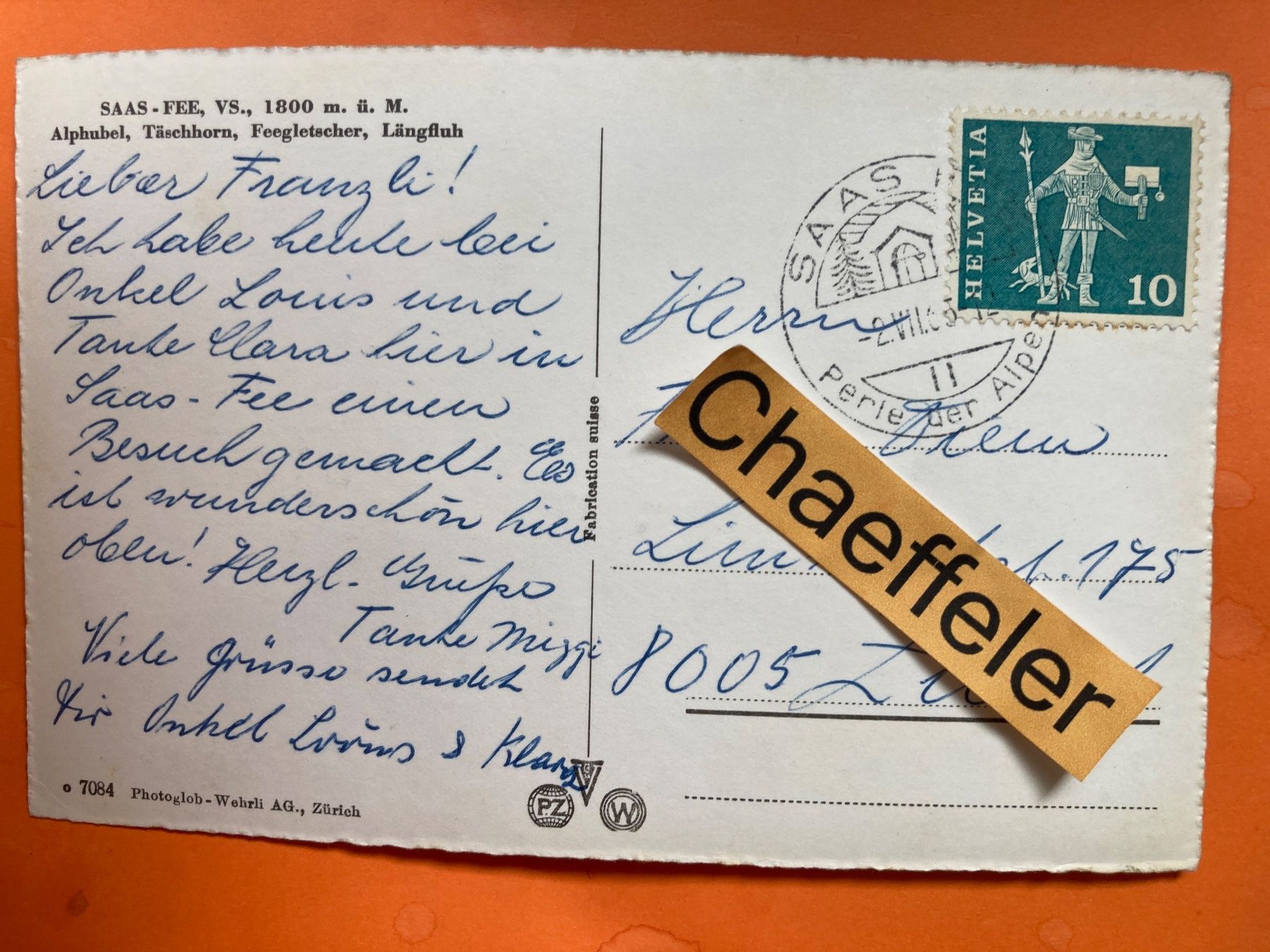 Cartoline postali: 1965 Saas-Fee VS, Alphubel, Täschhorn, Feegletscher, Längflu – Usato da Zürich venduto da Chaeffeler 1