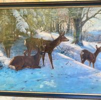 Gemälde Winterlandschaft mit Rehen, signiert!