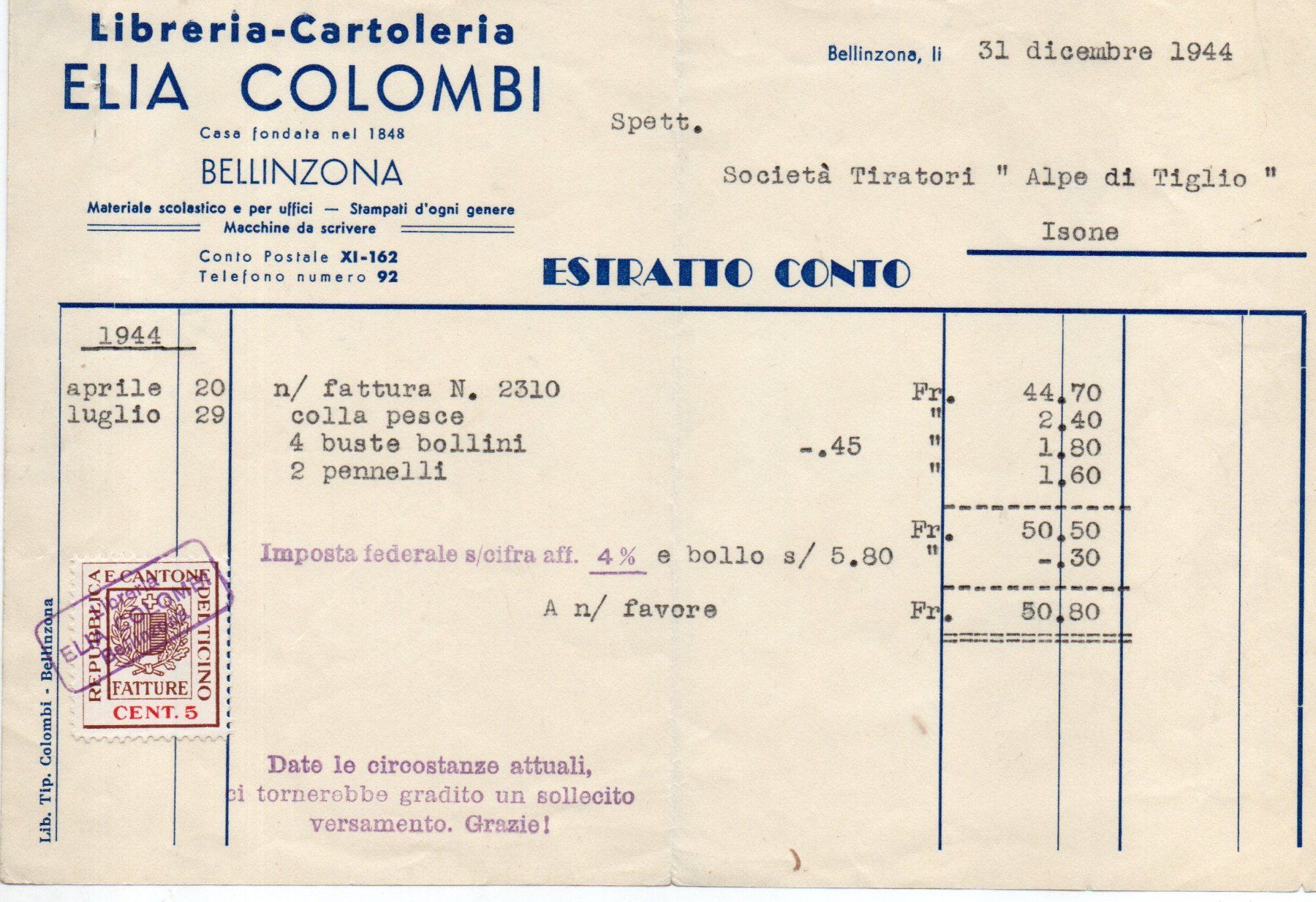 Alle Briefmarken: Elia Colombi - Libreria - Bellinzona – Gebraucht aus Melano von pisonsdro