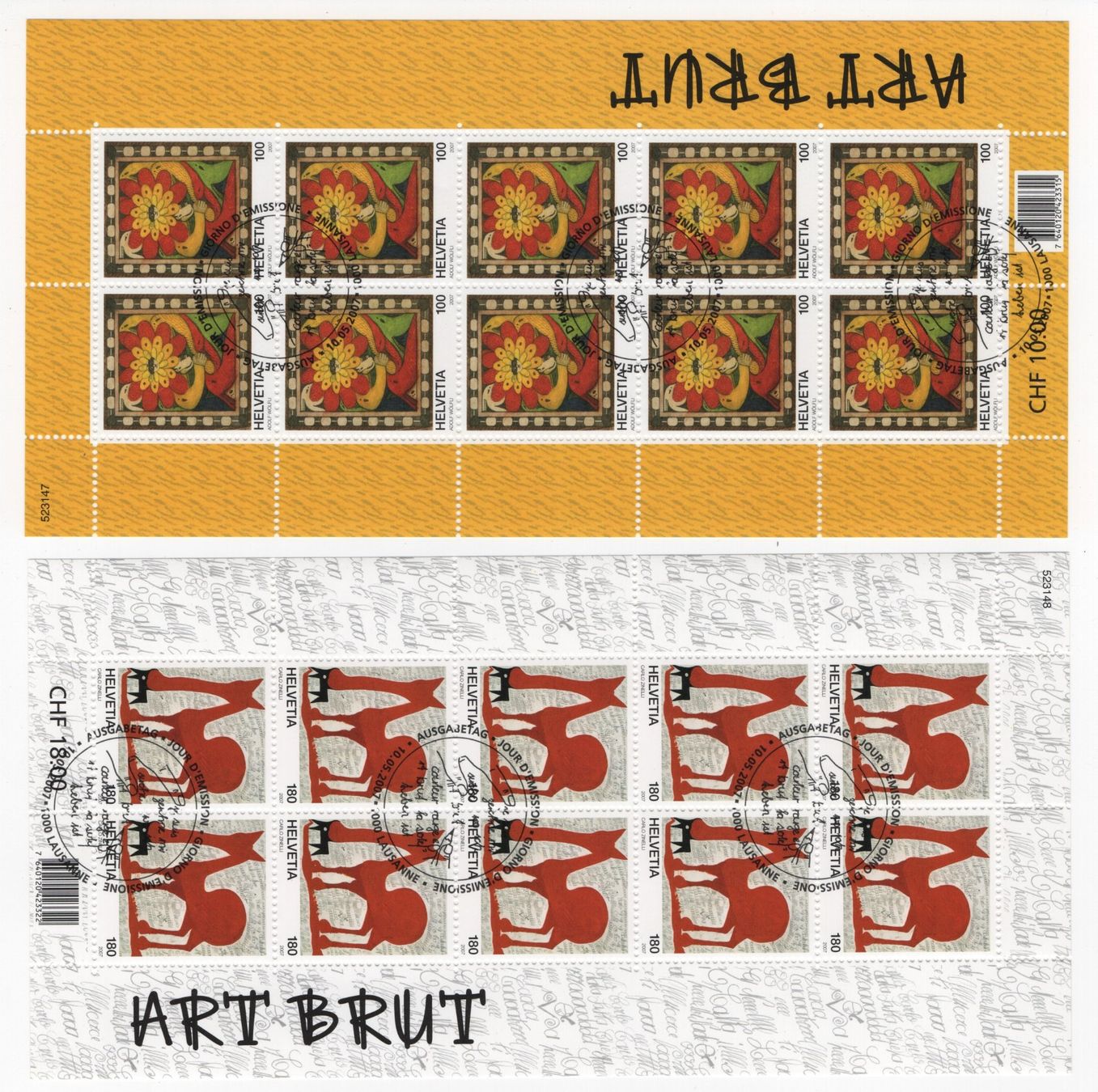 Tutti i francobolli: 2 Kleinbogen 2007 Art brut – Usato da Gordola venduto da tist