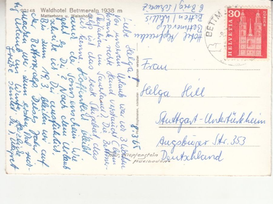 Ansichtskarten: Bettmeralp Waldhotel 1965 – Gebraucht aus Bürglen TG von StampGraf 1