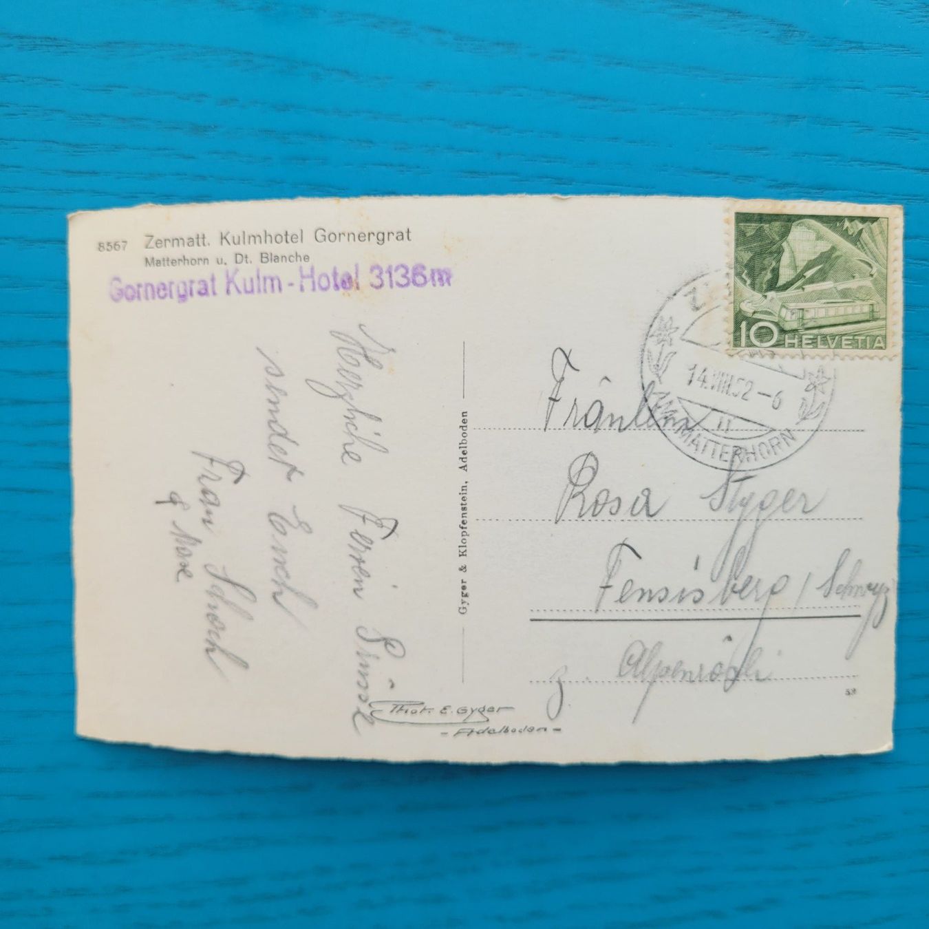 Cartoline postali: Gornergrat Kulm Hotel 1952 / Zermatt – Usato da SCHÜBELBACH venduto da CoKaHa 1