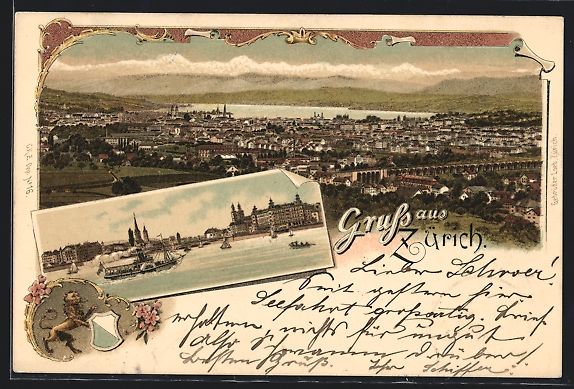 Cartes postales: Litho Zürich, Ortspartie mit Dampfer – D'occasion à Berlin par bartko-reher