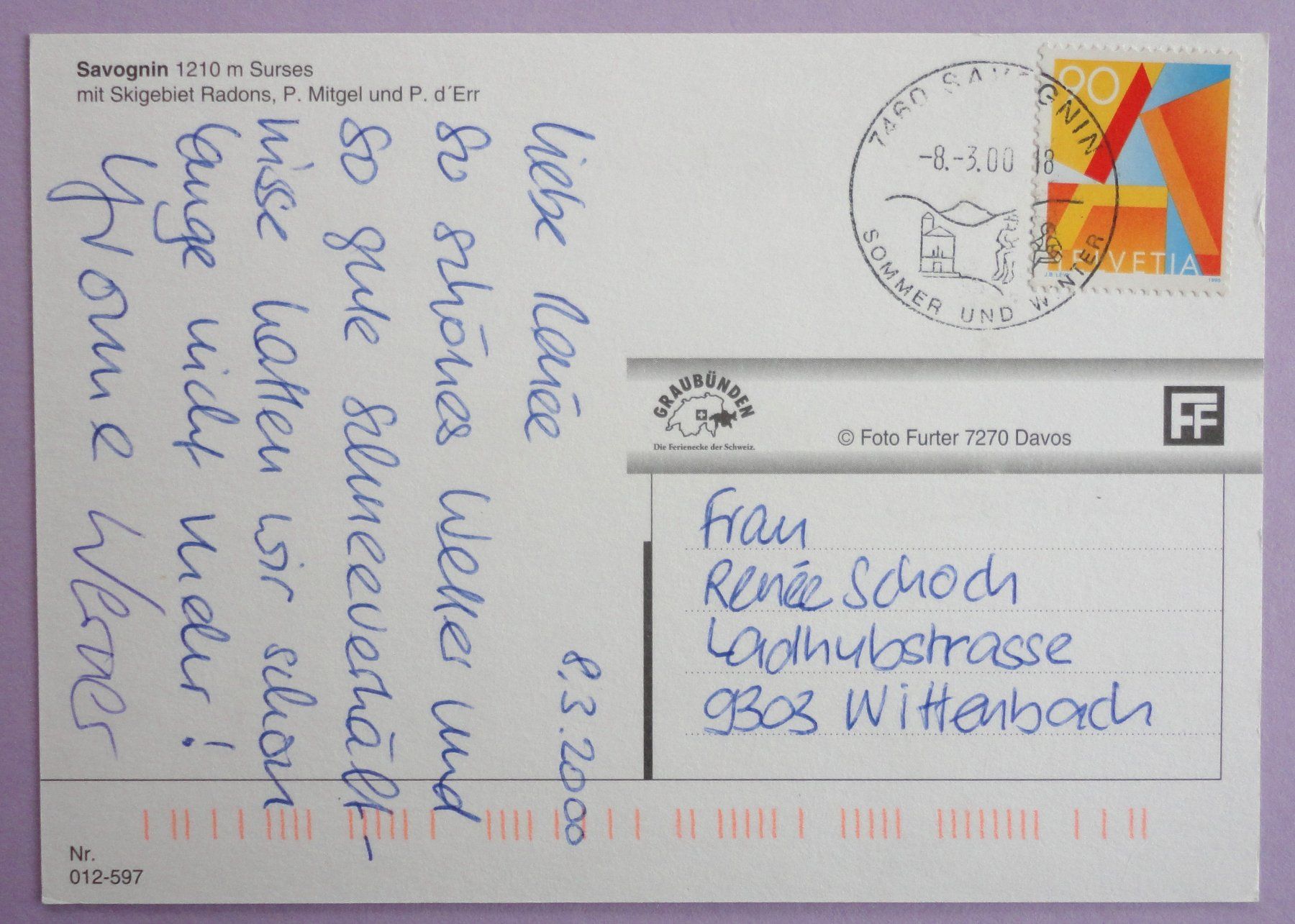 Cartoline postali: Savognin 1210 m, Surses mit Skigebiet Radons – Usato da Fétigny venduto da Billy2miny 1