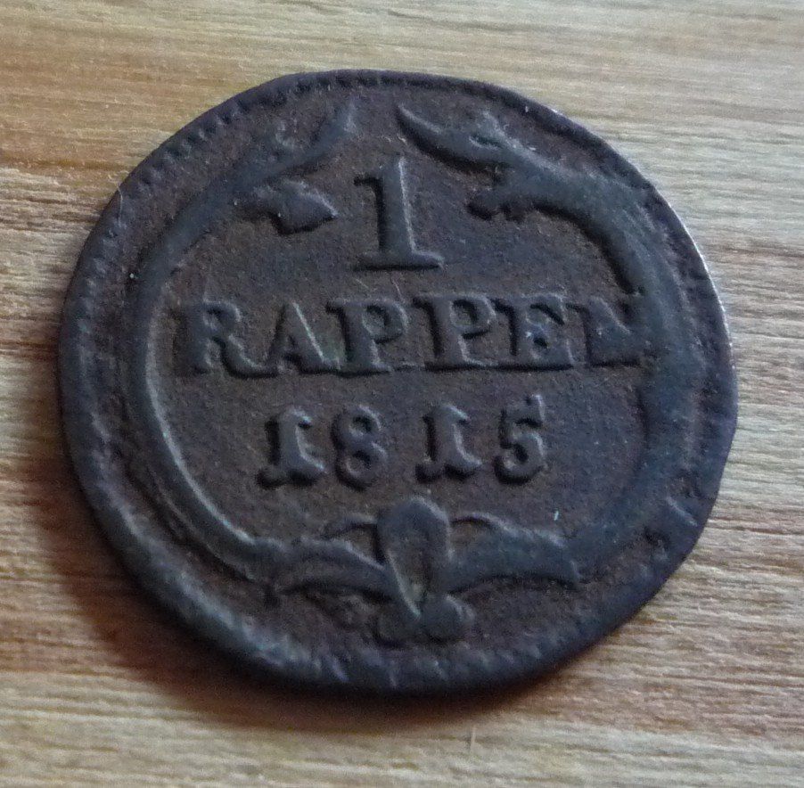 Alle Münzen: 1 Rappen Schwyz 1815 – Gebraucht aus Rieden SG von Sammelfreund 1