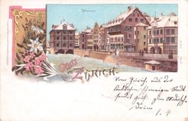 Zürich // 1900 Litho Rathaus Quai Winter Glitzerkarte