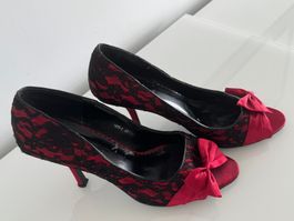 Damenschuhe Pumps rot-schwarz Grösse 41 Spitze mit Schleife
