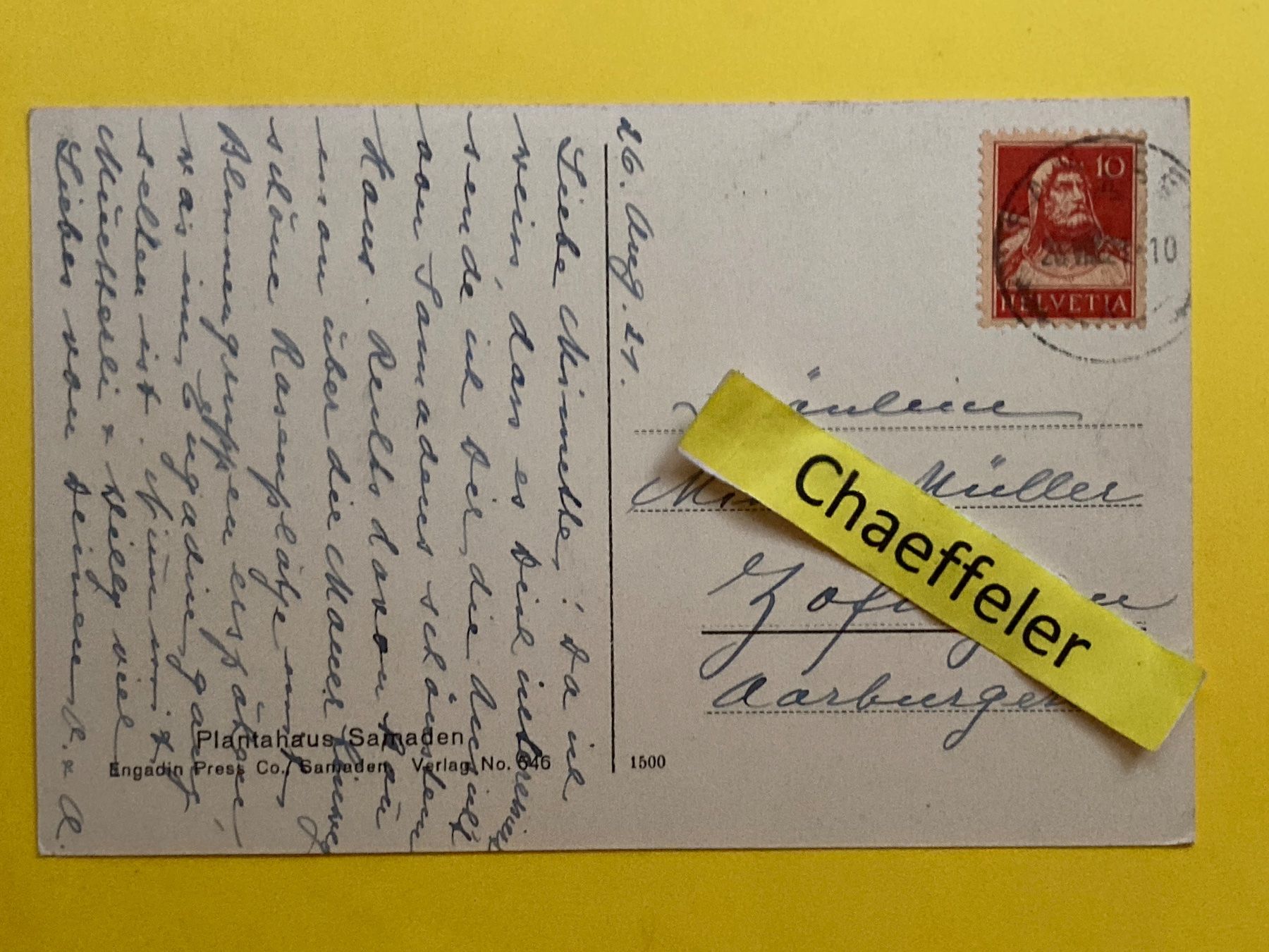 Cartoline postali: 1921 Plantahaus Samaden – Usato da Zürich venduto da Chaeffeler 1