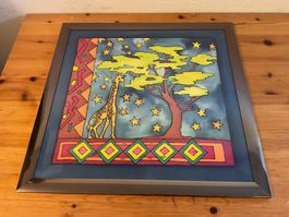 Seidenbild Giraffe mit Baum gerahmt gebraucht guter Zustand