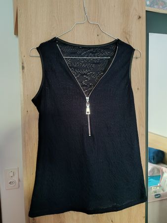 TOP canotta blu navy con scollatura a cerniera pizzo ricamo