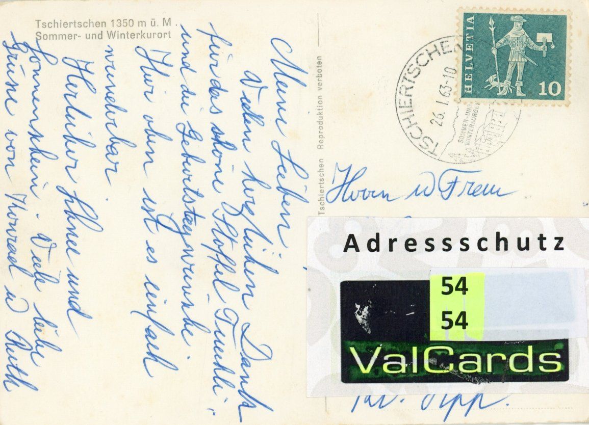 Cartoline postali: Tschiertschen   GR   im Winter      um  1963 – Usato da Brig venduto da Valcards54 1