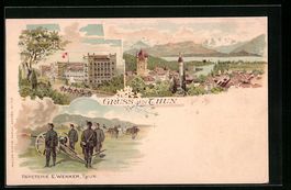 Litho Thun, Hotel, Soldaten mit Kanone, 
