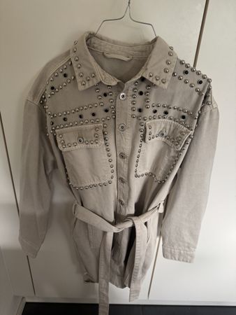 Coole Jeansjacke/Mantel S beige Applikationen neuwertig