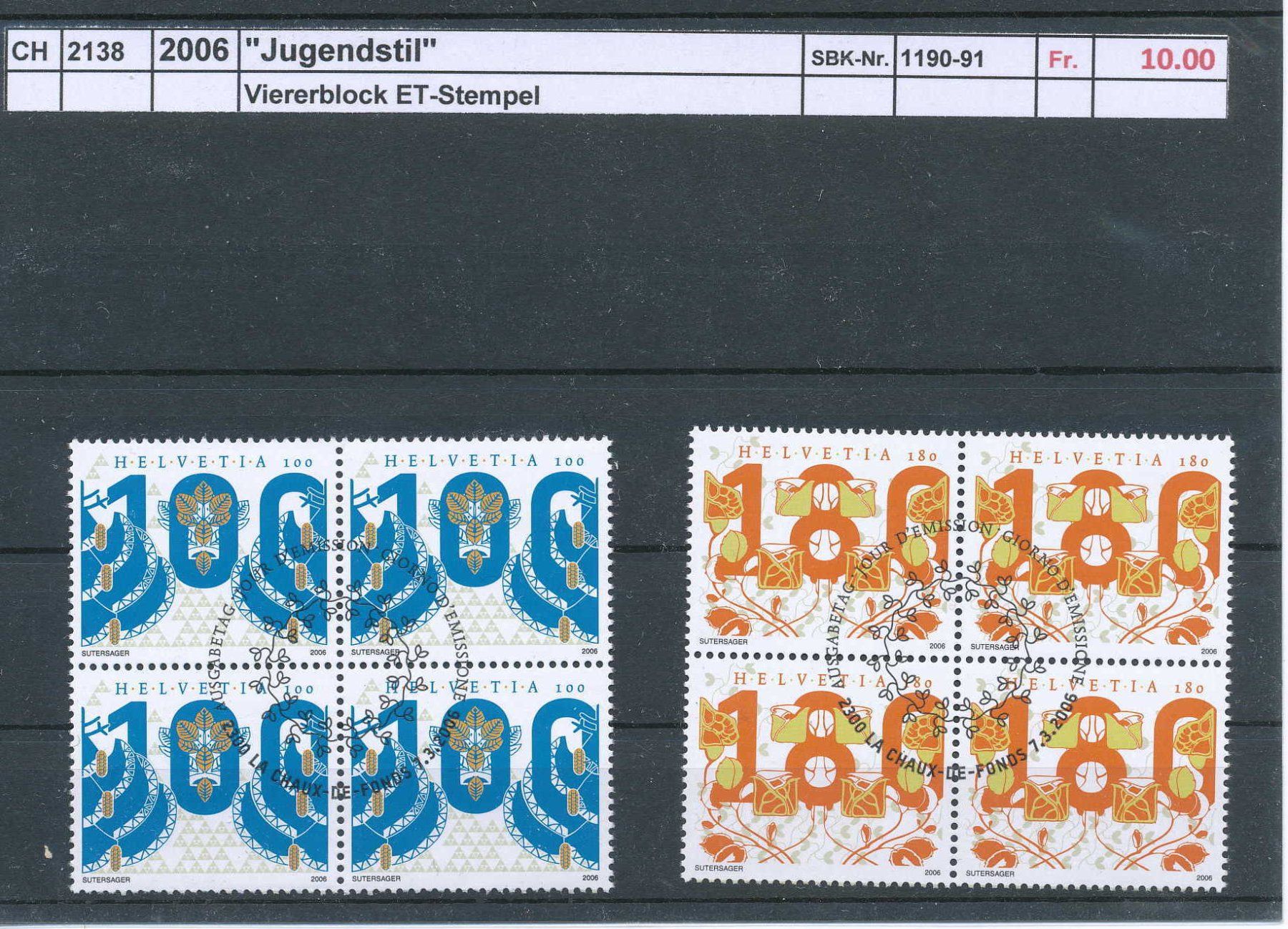 Tous les timbres: 2006 "Jugendstil" - Viererblock, ET - Stempel – D'occasion à Winterthur par Zupogeru