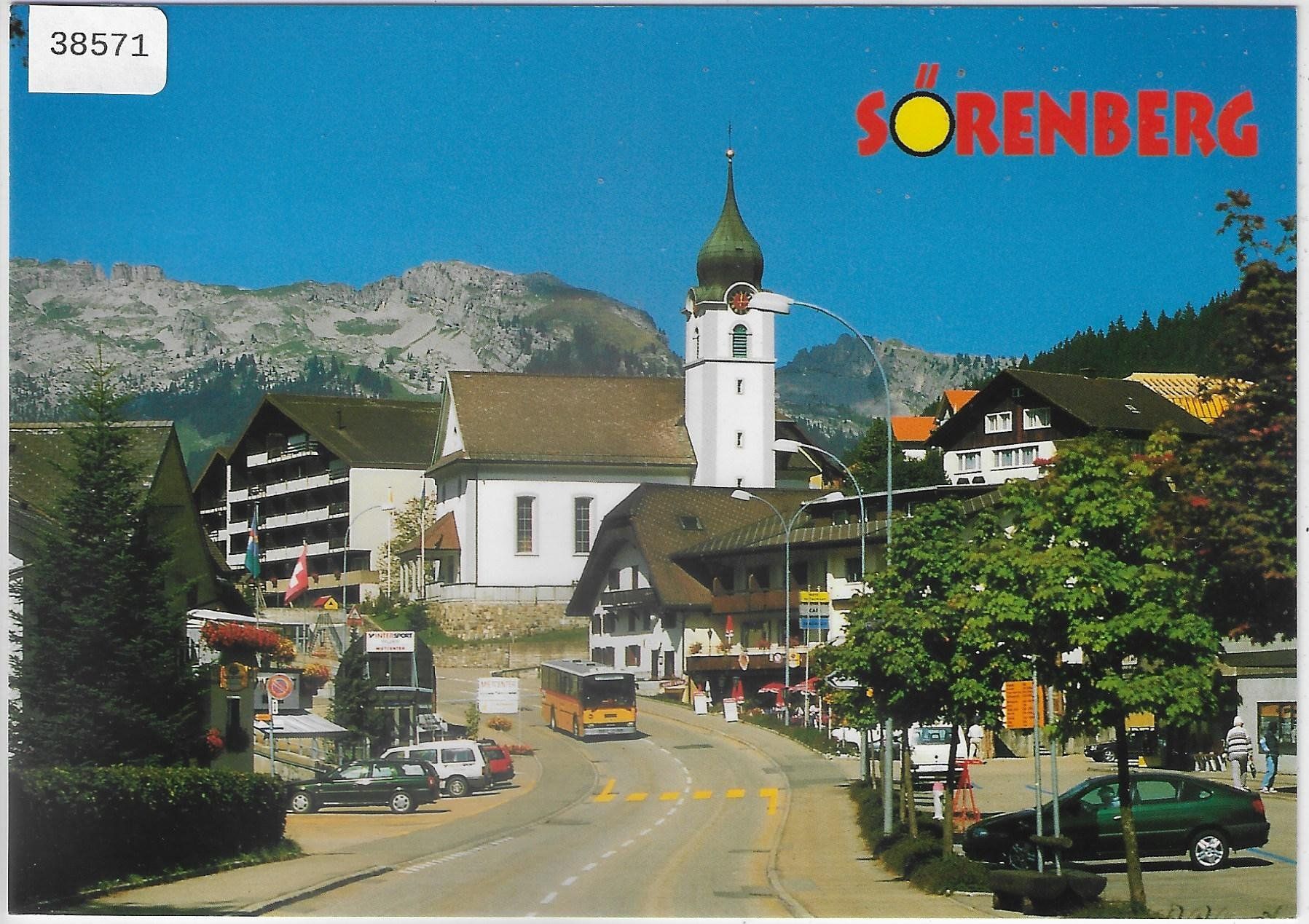 Cartoline postali: Sörenberg - Kirche mit Postauto – Usato da Ettingen venduto da Kartenplanet