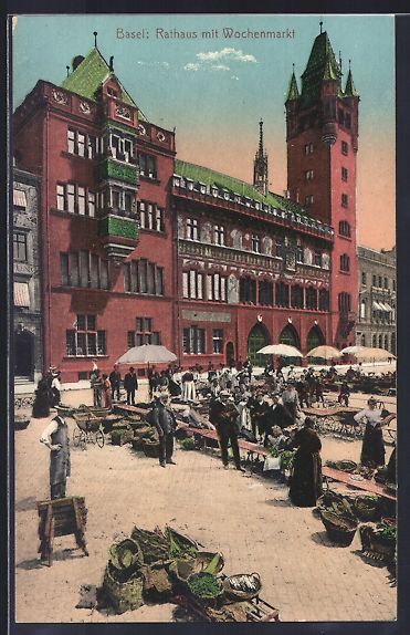 Cartes postales: AK Basel, Rathaus mit Wochenmarkt – D'occasion à Berlin par bartko-reher
