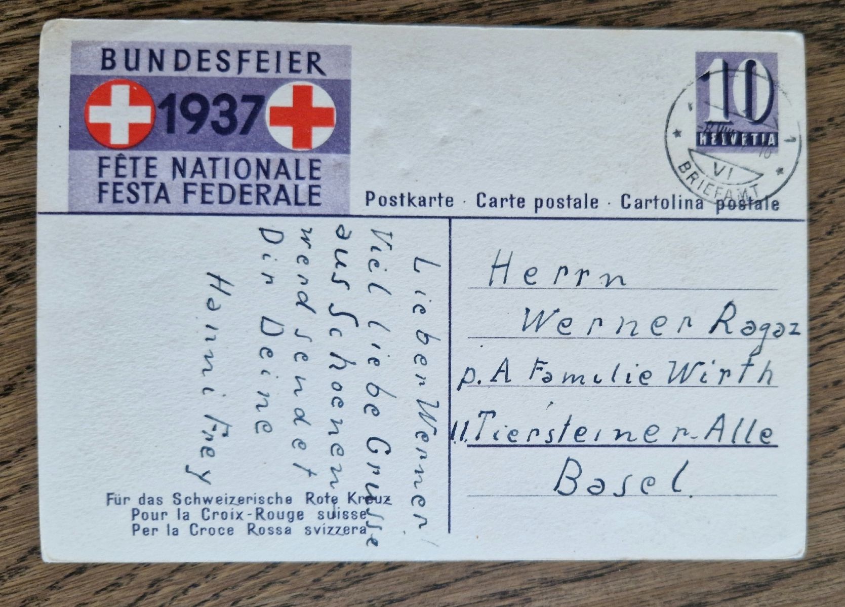 Cartoline postali: Bundesfeier-Postkarte 1937, n.Basel – Usato da Ebikon venduto da Donar50 1