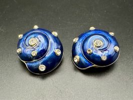 Nachtblaue Clip-Ohrringe mit Strass, Vintage Cabouchon