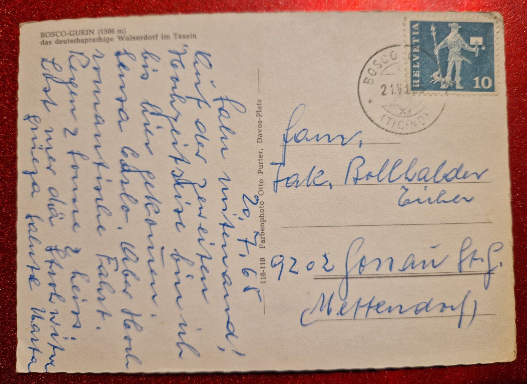 Ansichtskarten: Bosco Gurin Tessin 1965 – Gebraucht aus Melchnau von Arthurius 1
