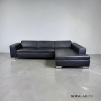 Ecksofa aus echtem Rindsleder, schwarz, mit Bettfunktion