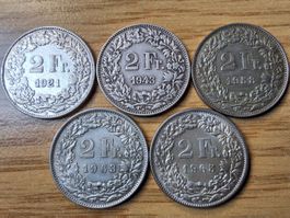 Silberlot 2 Franken 1921/65 - 5 Stück!