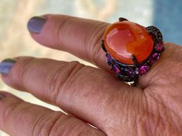 Gothic Orange Color Natural Carnelian & Garnets SS925 Ring