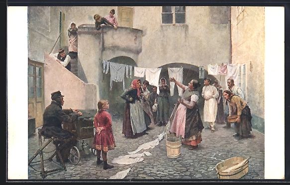 Cartoline postali: Leierkastenmann im Hinterhof mit Wäsche – Usato da Berlin venduto da bartko-reher