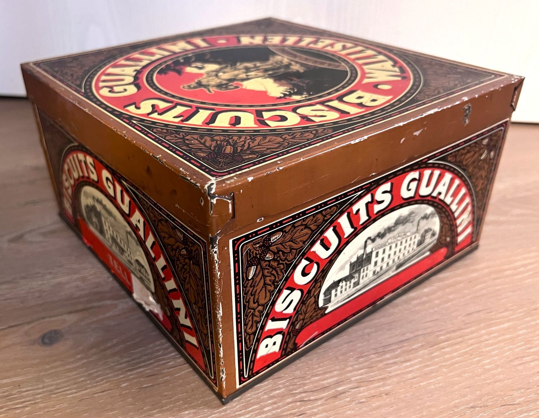 Barattoli: Antike Blechdose "BISCUITS GUALLINI , WALLISELLEN TELL" top! – Usato da Rothrist venduto da Brandystar 7