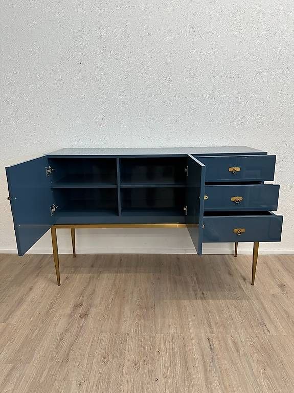 Cassettiere: Hochglanz Sideboard in Blau mit Goldgestell – Usato da Obernau venduto da Arche_Noah_Brocki 1
