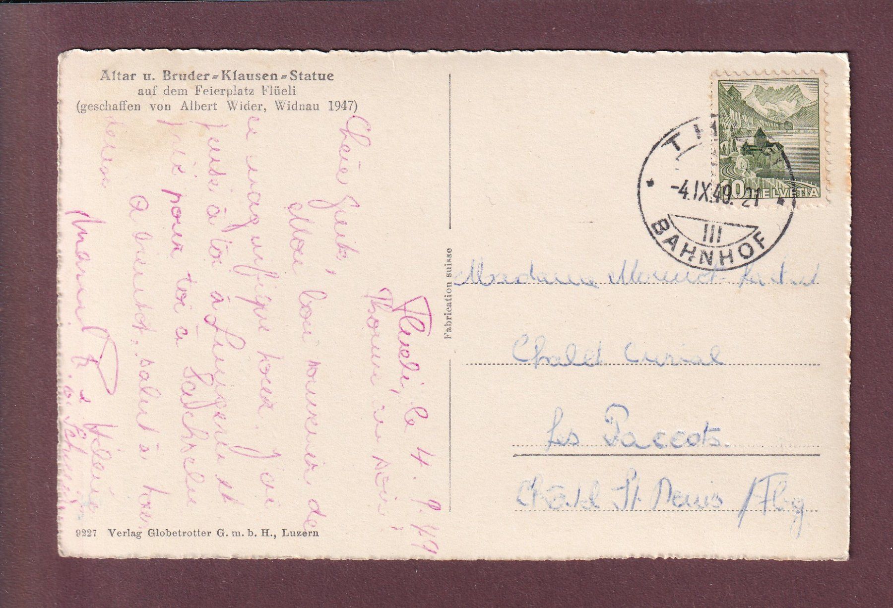 Cartoline postali: FLÜELI - Feierplatz - 1949 – Usato da Pully venduto da nicecards 1
