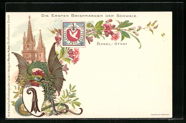 Cartoline postali: Litho Basel, Kirche, Drache und Wappen,  – Usato da Berlin venduto da bartko-reher