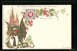 Litho Basel, Kirche, Drache und Wappen, 