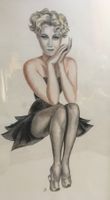 🟡 grosse Pin Up Zeichnung signiert mit Rahmen - VINTAGE