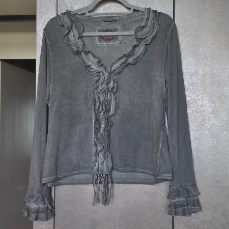 🐸 NILE BLUSE MIT RÜSCHEN L BAUMWOLLE DUNKELGRAU WIE NEU