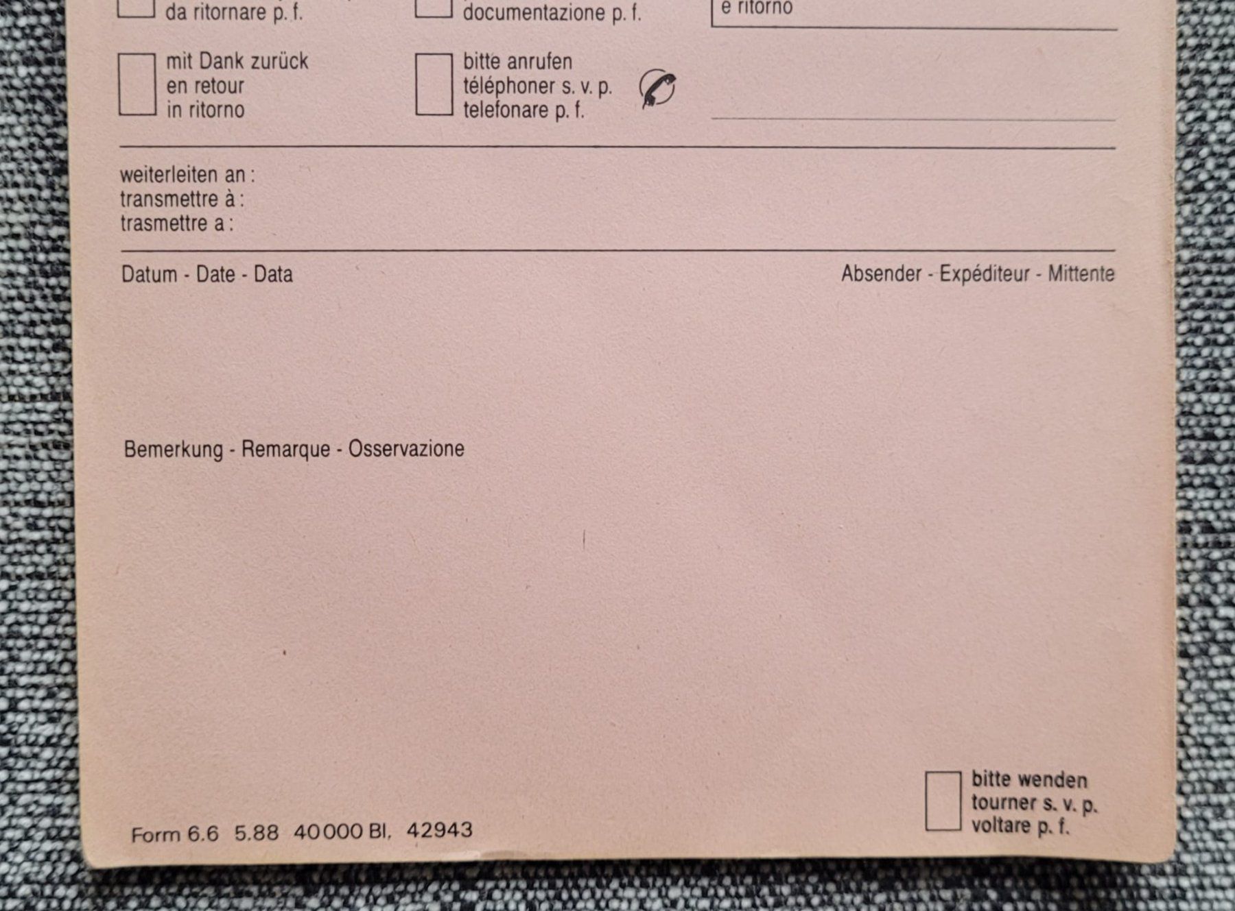 Papiere: Uebermittlungszettel Schweizerische Armee Form 6.6 – Neu und originalverpackt aus Luzern von ANG3 2