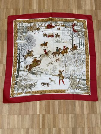 Hermès Paris "L'Hiver" Vintage Silk Scarf Red White 90cm