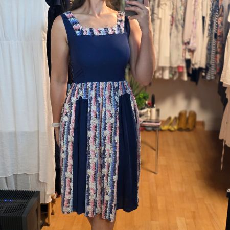 Vintage Kleid M dunkelblau Blumen Retro