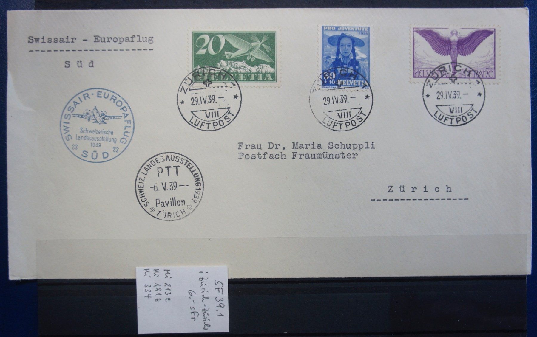 Tutti i francobolli: CH - Flugpost - Sonderflug - SF 39.1 – Usato da Rombach venduto da VENTIS-Auktionen 1