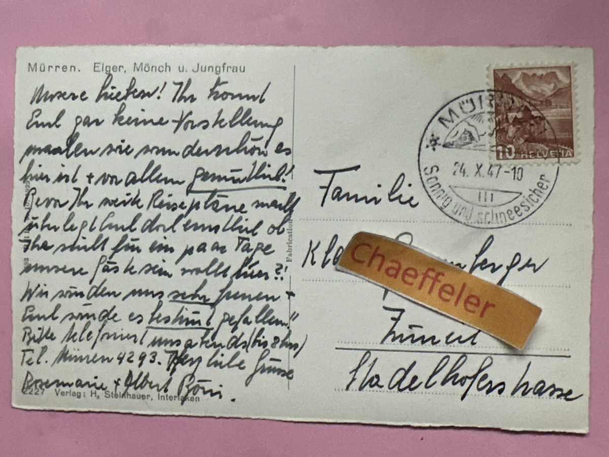 Cartoline postali: 1947 Mürren. Eiger, Mönch und Jungfrau  – Usato da Zürich venduto da Chaeffeler 1