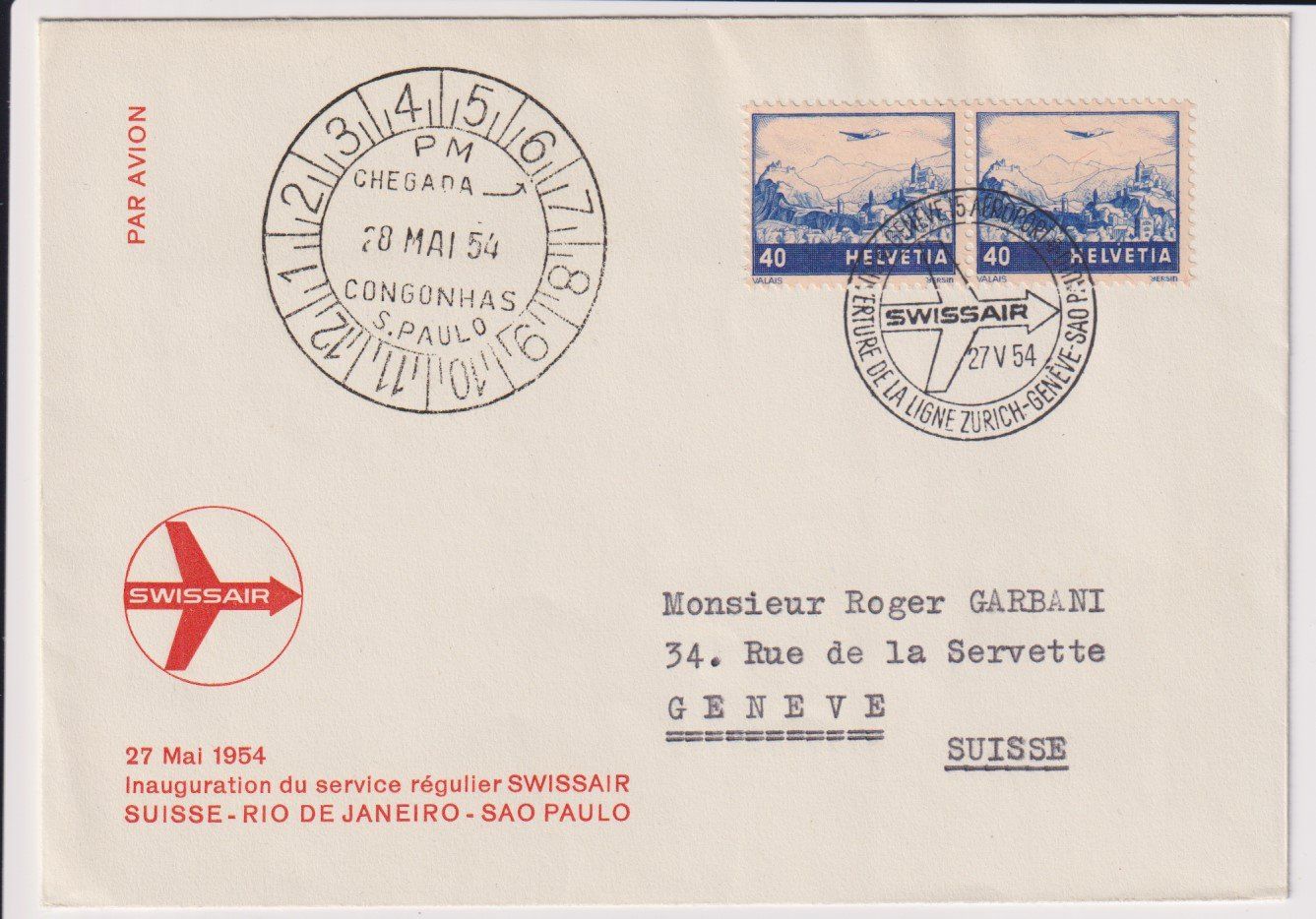Alle Briefmarken: Flugpost Brief mit F44c Paar – Gebraucht aus Bellach von qsearch