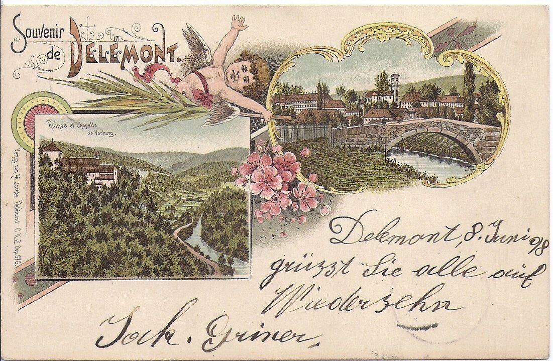 Cartoline postali: DELEMONT, litho avec 2 vues – Usato da Les Verrières venduto da Scampi0