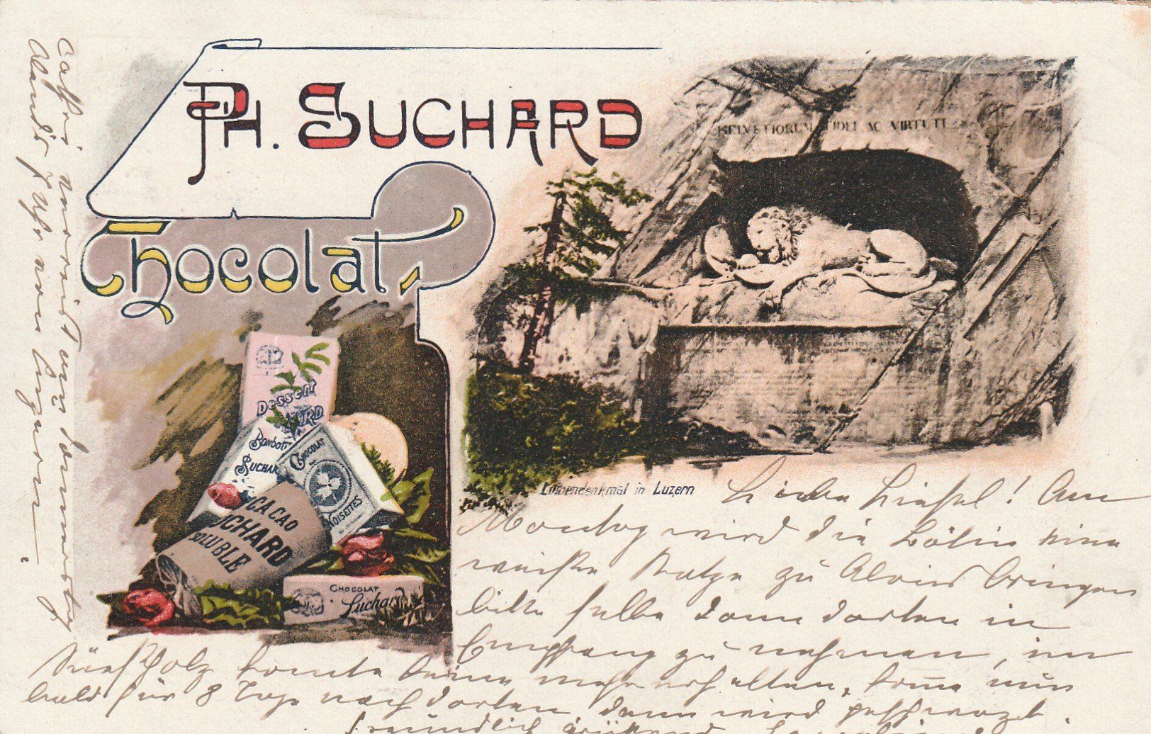 Ansichtskarten: Luzern Löwendenkmal mit Chocolat Suchard Werbung – Gebraucht aus Rorschacherberg von fratovi2