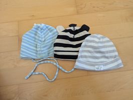 3 Baby Mützen gestreift mit Ohren, Gr. 62, neuwertig
