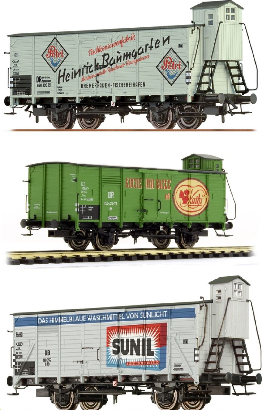 Brawa Modellini di ferrovie: BRAWA Set IV - 3 verschiedene Güterwagen – Nuovo e nell'imballaggio originale da Rotkreuz venduto da MOBAHN-1zu87